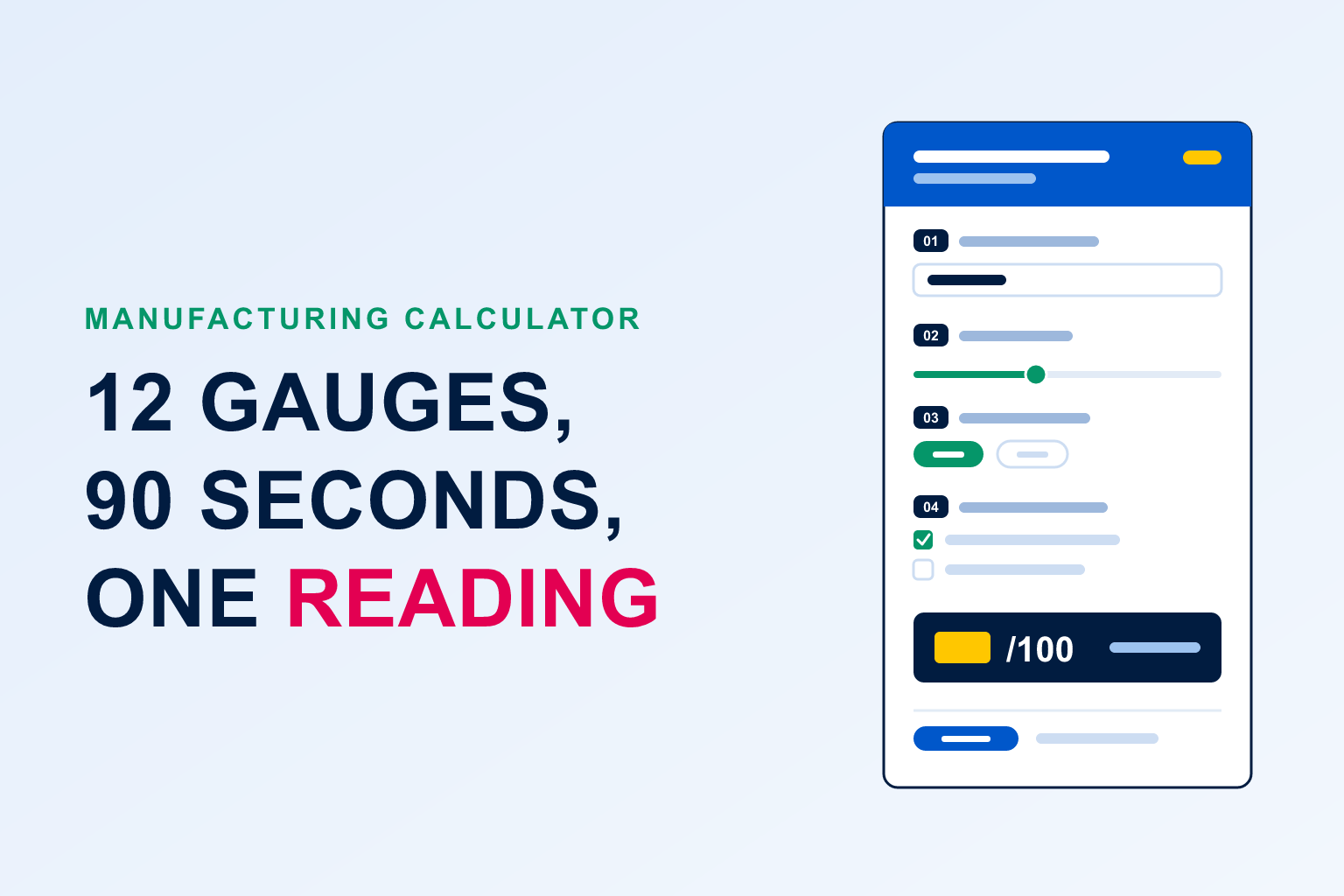 Manufacturing calculator thumbnail — 12 gauges, 90 seconds, one reading